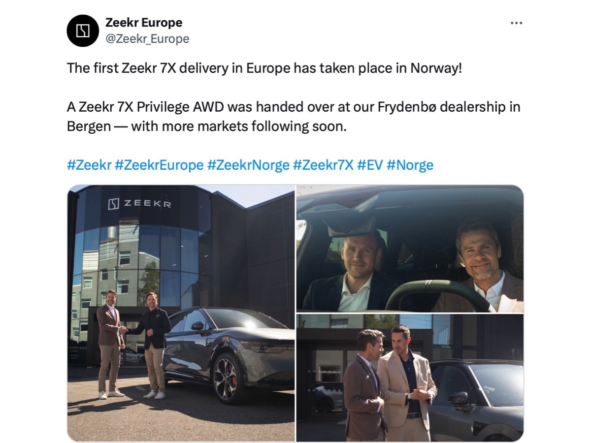 Zeekr prima consegna 7X Norvegia