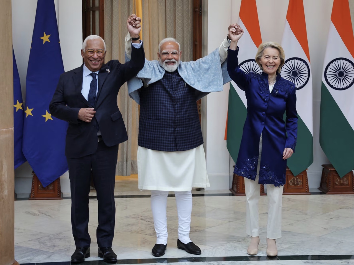 UE-India - Antonio Costa, Ursula von der Leyen e Narendra Modi