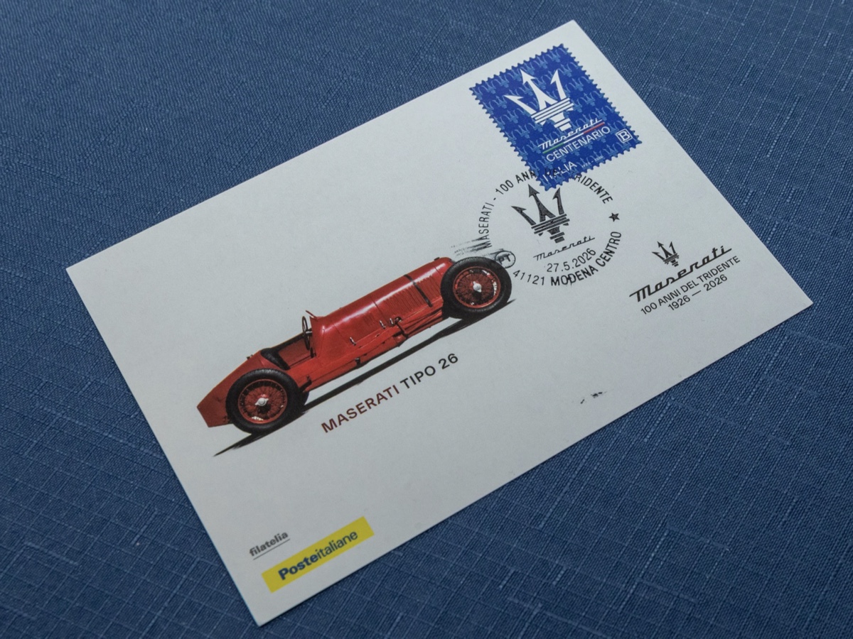 Maserati annullo filatelico francobollo 100 anni Tridente